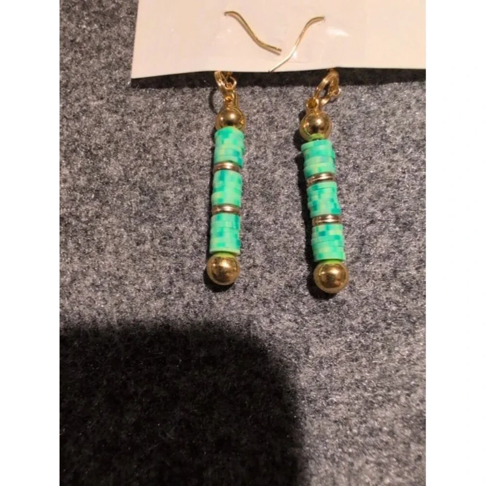 Green and gold dangle hook earrings